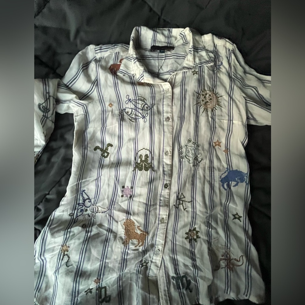 Johnny Was ARIANA BUTTON BACK striped silk shirt with zodiac embroidery size sm - Picture 8 of 16